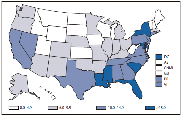 HIV - This figure is a map of the United States and U.S. territories that presents the rates per 100,000 population of diagnosed HIV cases in each state and territory in 2010.